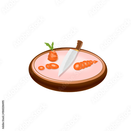sliced ​​carrots and chef's knife on a wooden cutting board