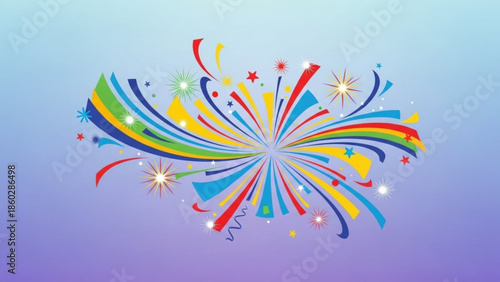 Colorful fireworks explosion with rainbow colors and stars on purple blue gradient background, festive celebration decoration