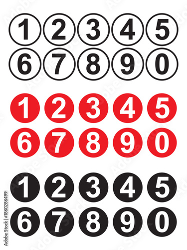 Number icon set, circular numeric buttons in black red and white color variations