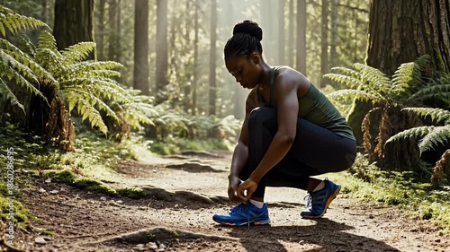 Focused female athlete tying her running shoes on a sun-drenched forest trail preparing for an outdoor workout and embracing a healthy active lifestyle