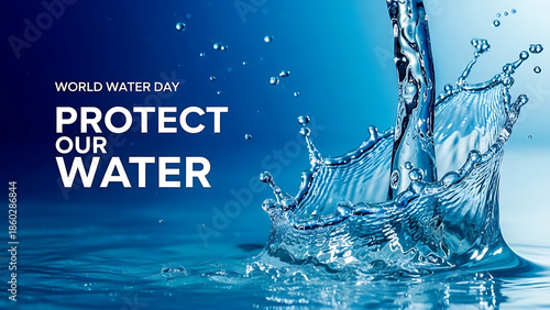 Water splash with message to protect our water on blue background  