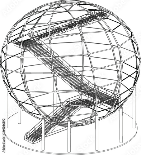 Geodesic dome wireframe vector, 3D mesh of a spherical lattice structure with internal stairs for architectural design