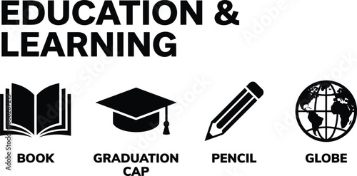 Education and learning icons with book, graduation cap, pencil, globe