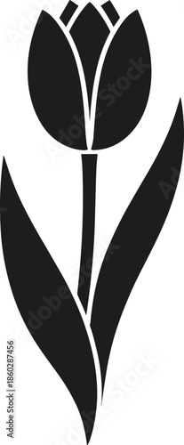 Black tulip silhouette with two leaves vector illustration flower