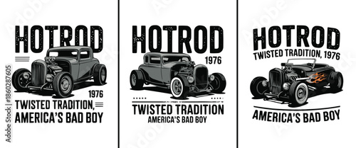 Collection of three distinct graphic designs featuring vintage hot rod automobile illustrations and bold American typography slogans