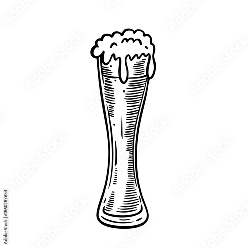 Hand drawn tall beer glass with foam in vintage engraving style