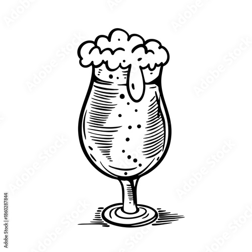 Hand drawn beer goblet with foam in classic engraving style