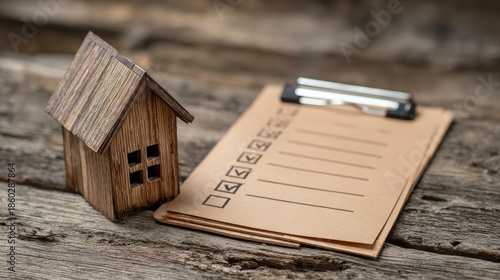A miniature wooden house next to a clipboard with a checklist on a rustic wooden surface, representing property or home-related concepts