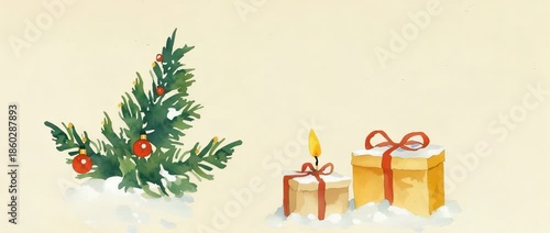 Festive Watercolor Christmas Card Design Presents Candle and Tree Branch