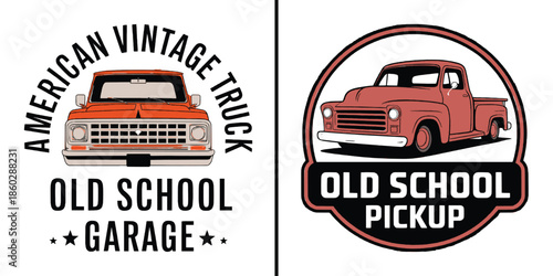 Collection of two distinct vintage American pickup truck emblems featuring retro automotive designs for garage branding concepts.