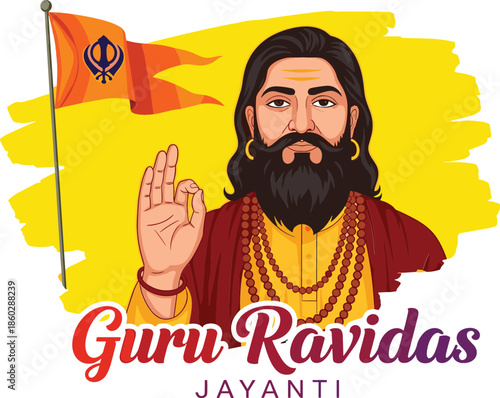Guru Ravidas Jayanti vector portrait featuring spiritual leader with Gyan Mudra gesture orange flag and yellow brushstroke background.