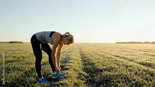 Young woman stretching in a field at sunrise preparing for an outdoor run or workout session fitness lifestyle and healthy living concept