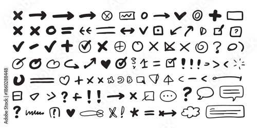 Set of sketch doodle checkmarks crosses arrows question marks and communication bubbles isolated on white background