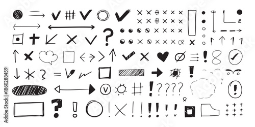 Large set of hand drawn doodle symbols including arrows checks crosses and question marks isolated on white background