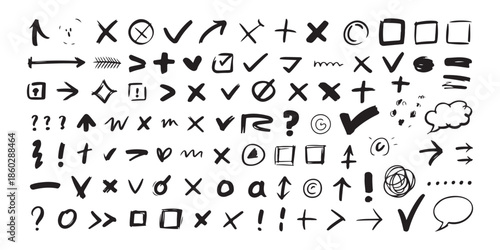 Massive collection of various hand drawn doodle icons arrows checkmarks crosses and speech bubbles isolated on white