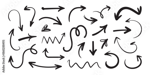 Creative sketchy arrow set with diverse hand drawn pointers featuring loops curves and sharp geometric line shapes