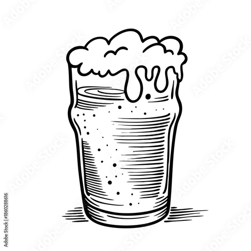 Black and white hand drawn beer pint with foam in vintage sketch style