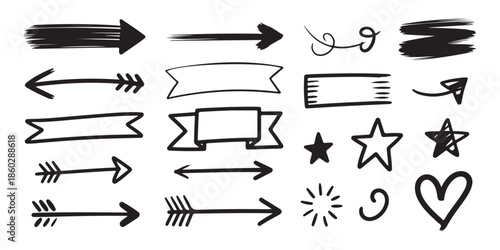Hand drawn doodle arrows stars banners and hearts collection vector illustration set isolated on white background