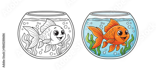 Coloring book illustration of goldfish in aquarium