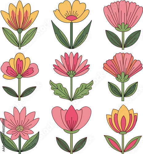 Wallpaper Mural Vibrant floral illustrations of nine distinct flowers in pink yellow and green hues Torontodigital.ca