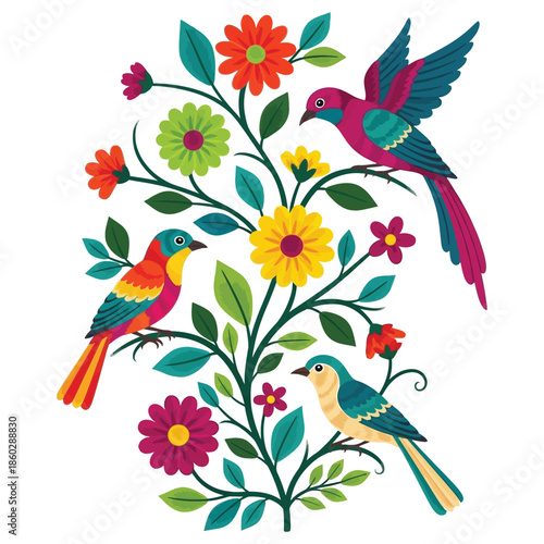 Vibrant floral arrangement with colorful birds and flowers