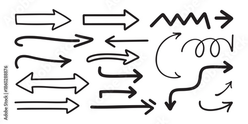 Set of 18 hand drawn arrows in various styles and directions pointing left right up and down on white background