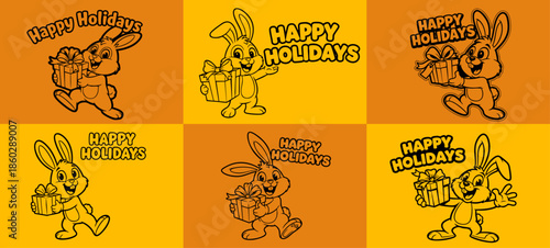 Festive cartoon rabbit holding gift box with “HAPPY HOLIDAYS” text for seasonal greeting and celebration design