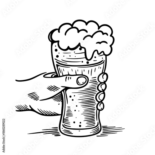 Hand drawn black and white illustration of a hand holding a beer glass with foam