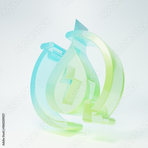 Frosted glass Recycle clean aqua icon isolated on white background. Water recycling energy symbol. Drop of water with recycling. Water refresh arrows. Minimalism concept. 3D render illustration