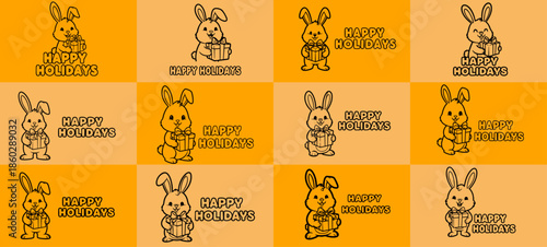 Easter bunny easy coloring page. ready to print on standard 8.5x11 inch paper Festive cartoon rabbit holding gift box with “HAPPY HOLIDAYS” text for seasonal greeting and celebration design