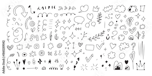 Variety of hand-drawn doodle elements such as arrows hearts stars clouds and decorative shapes