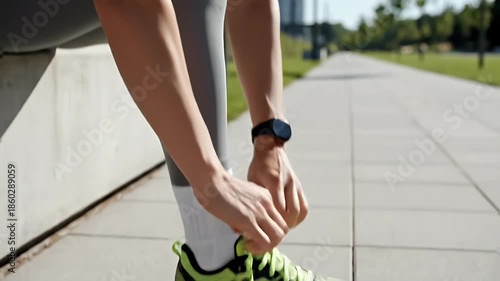 Close-up of a runner lacing up vibrant green and black athletic running shoes on a sunny outdoor path showcasing fitness active lifestyle and modern sportswear