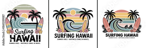 Collection of three retro distressed graphic designs featuring palm trees ocean waves surfboards and tropical sunset vibes