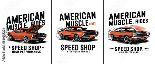 A collection of three distinct vintage American muscle car illustrations promoting a high performance speed shop business concept.