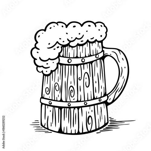 Hand drawn wooden beer mug with foam illustration in vintage engraving style