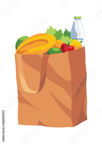 Paper shopping bag products grocery. Different food and beverage products, grocery shopping. Grocery supermarket. Fresh organic food and drinks. Grocery delivery concept