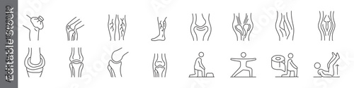 Joint and knee health icon set – outline symbols of arthritis, pain, exercises, physiotherapy and rehabilitation