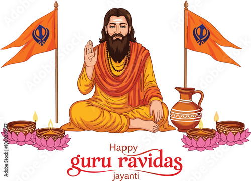 Happy Guru Ravidas Jayanti vector illustration with spiritual leader blessing gesture orange flags and lit oil lamps.