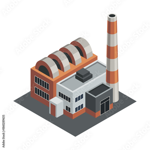 Isometric factory. Concept of industrial plant with chimney tower or pipes. Industrial bulding. 3d isolated icon. Architecture of manufacture house