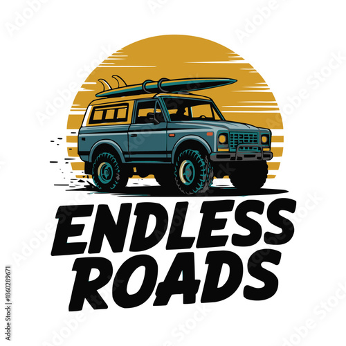 Vintage off road sport utility vehicle carrying a surfboard on its roof rack against a sunset graphic background