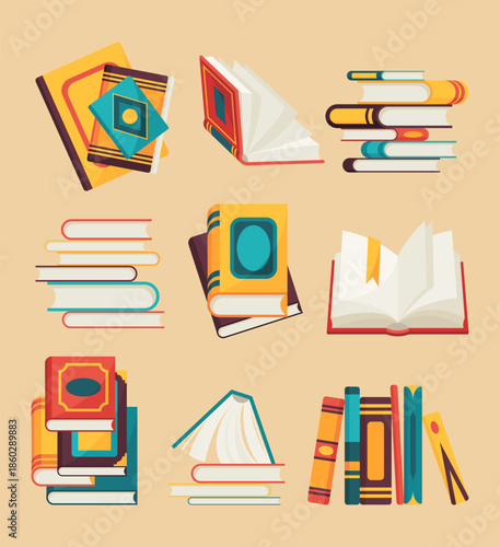 Vector books icon set. Learning or education concept. Different design of books or notebooks. Reading, learn and receive education through books. Read more books