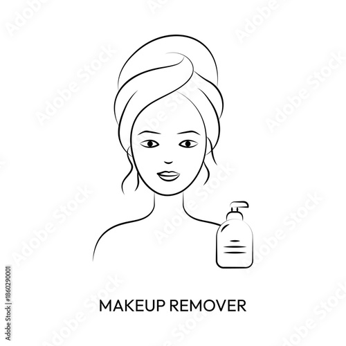 Girl Skincare Routine Makeup Remover Line Icon Illustration