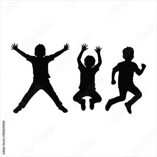Kids silhouettes vector black and white illustration. Children seated in various poses from side view.