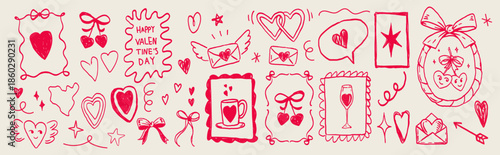 Valentine’s Day  trendy doodle icon set with hearts, frames, bows, love messages and romantic symbols. Playful seamless elements for cards, stickers, packaging and festive branding.