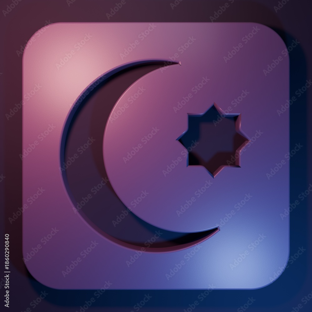 Obraz premium Purple Star and crescent - symbol of Islam icon isolated on purple-blue background. Religion symbol. Minimalism concept. 3D render illustration