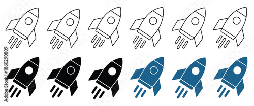 Rocket icon vector minimal, black and blue outline illustration representing launch,