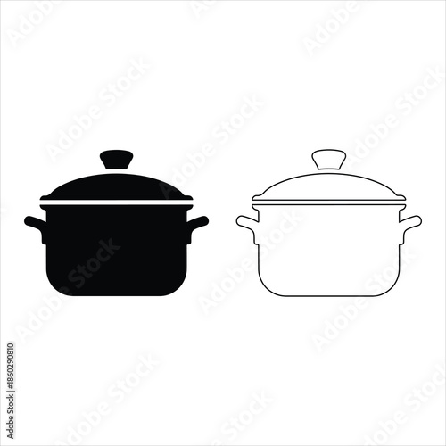 Black silhouette healthy cooking pot modern vector icon set on transparent background.