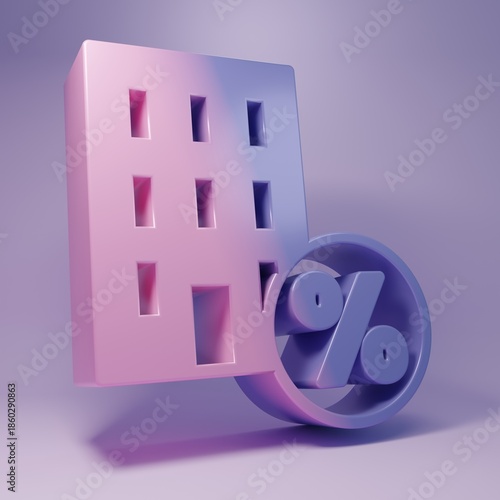 Purple House with percant discount tag icon isolated on purple background. Real estate home. Credit percentage symbol. Minimalism concept. 3D render illustration