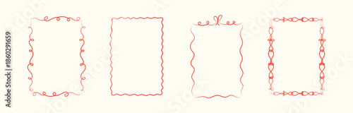 Coquette frames with doodle bows, ribbons. Hand Drawn whimsical line borders for birthday, christmas, wedding Invitations, menu. Vintage minimalist elements template. Trendy isolated Vector illustrati