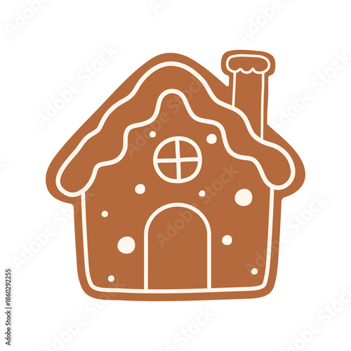 Gingerbread house cookie with icing decoration.